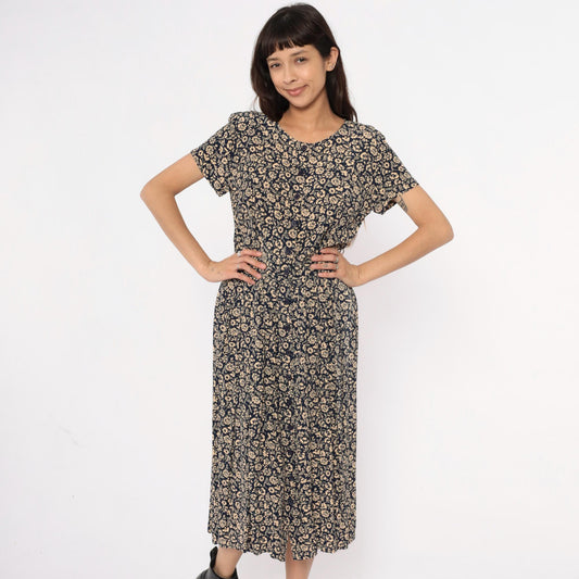 90s Liz Claiborne Floral Midi Dress Navy Cream Short Sleeve Medium