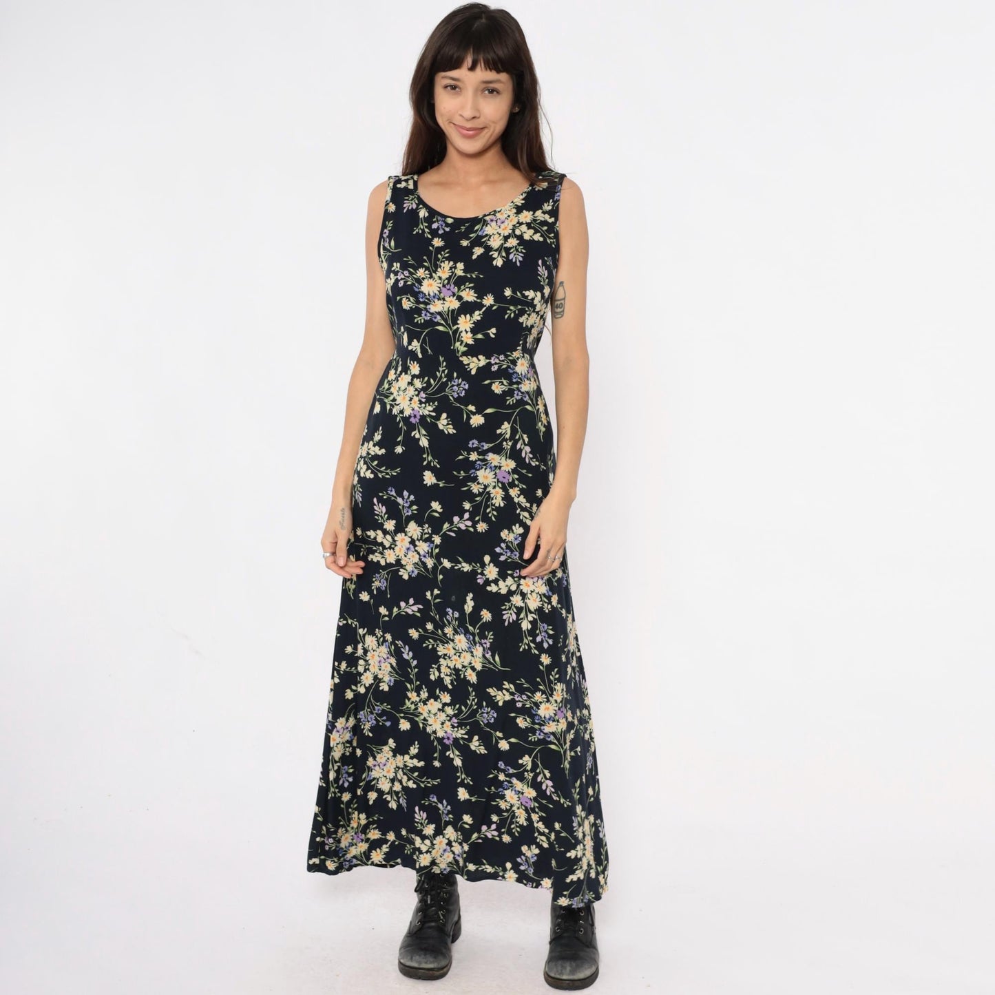 90s California Concepts Floral Maxi Dress Black Yellow Purple Daisy Sleeveless Large