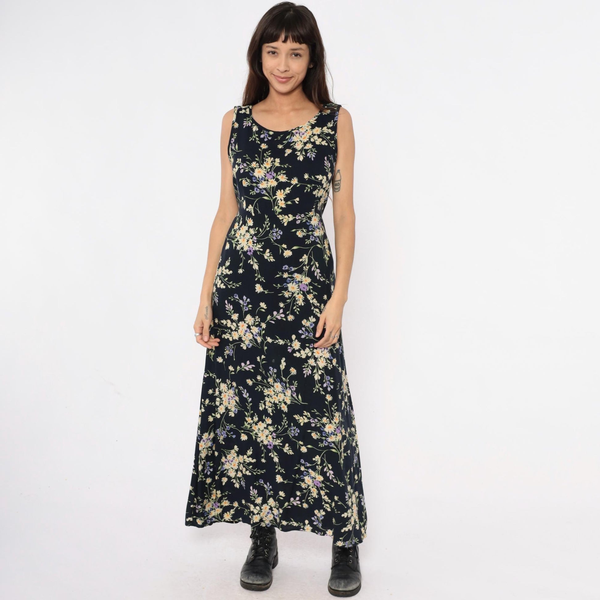 90s California Concepts Floral Maxi Dress Black Yellow Purple Daisy Sleeveless Large
