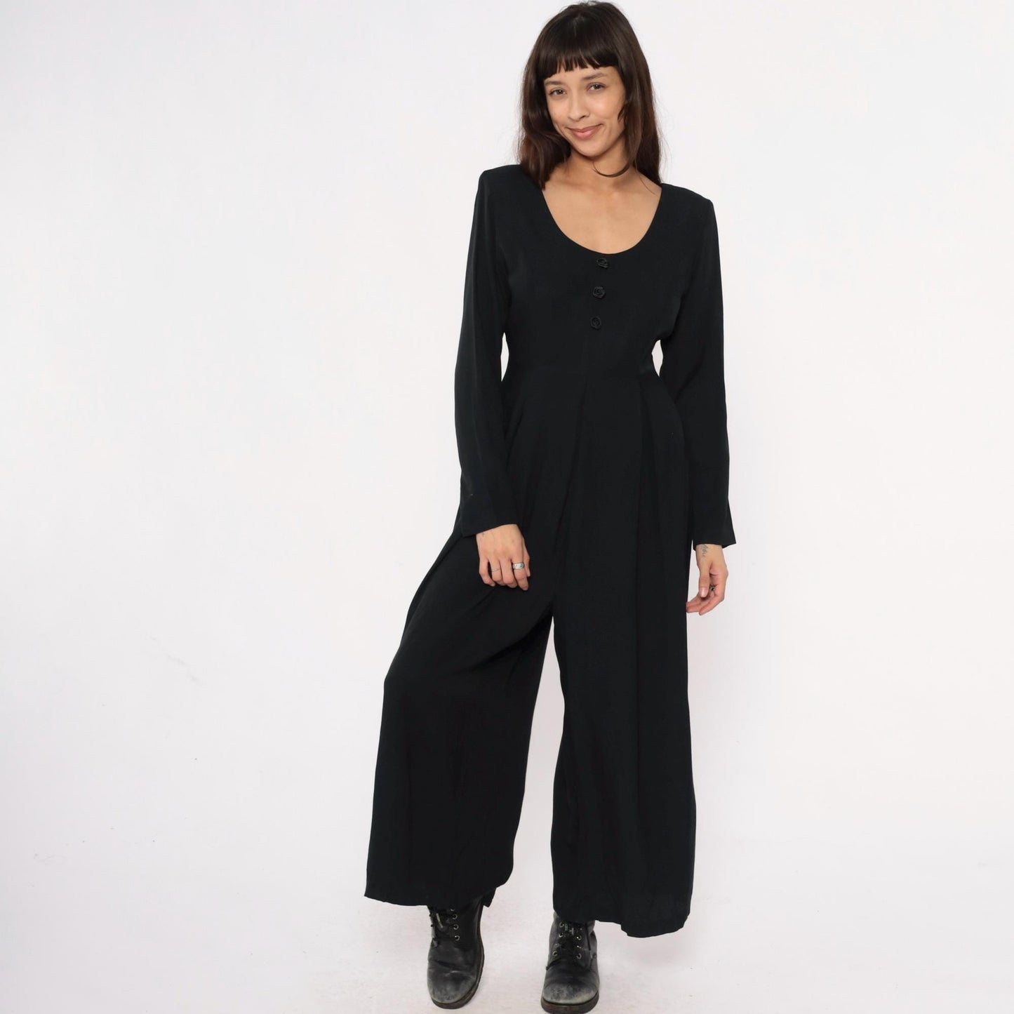 90s Express Black Wide-Leg Jumpsuit Tie Waist Long Sleeve Medium