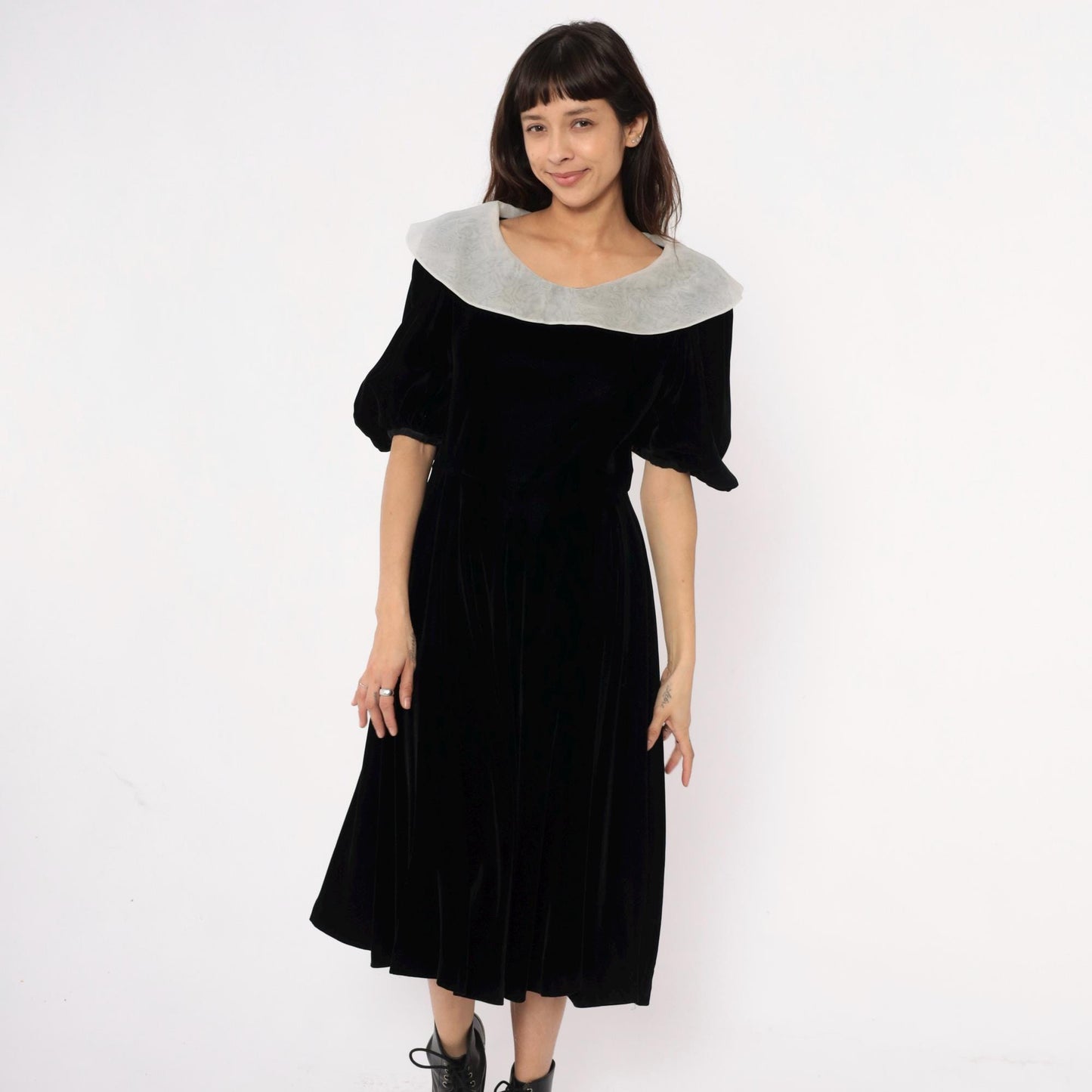 Y2K Yuki Torii Black Velvet Midi Dress White Peter Pan Collar Medium M