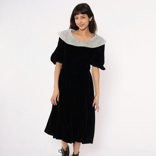 Y2K Yuki Torii Black Velvet Midi Dress White Peter Pan Collar Medium M