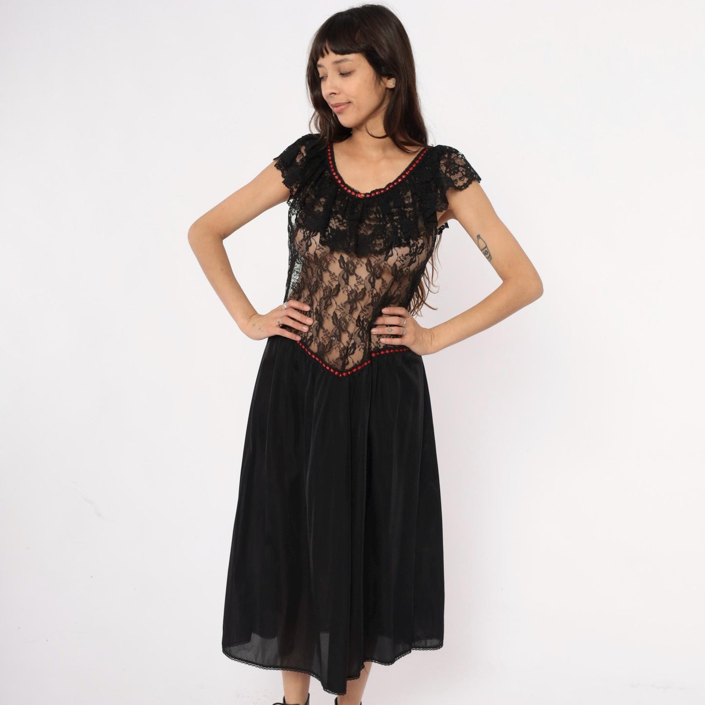 80s Stroke of Midnight Black Lace Nightgown Red Beaded Trim Maxi Large