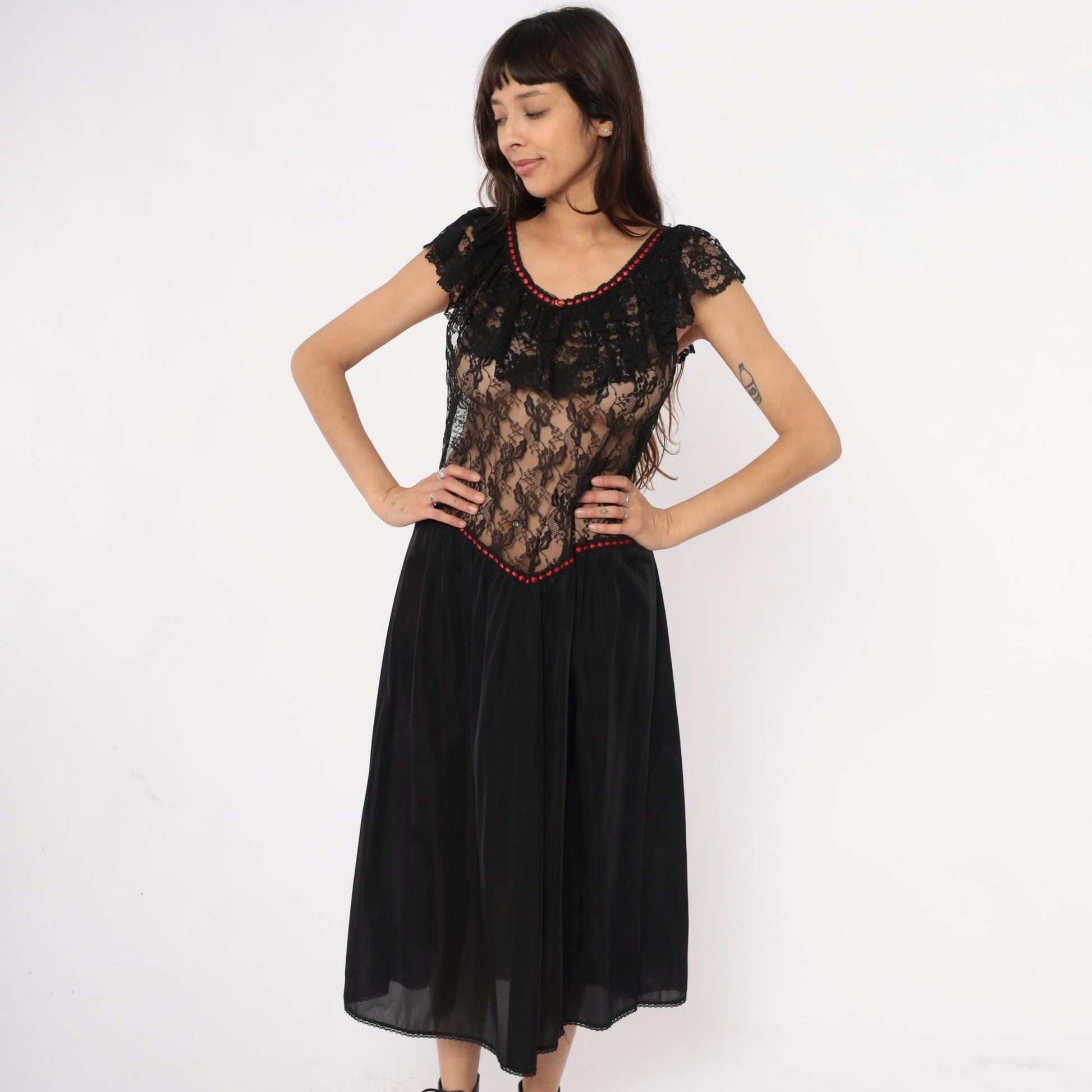 80s Stroke of Midnight Black Lace Nightgown Red Beaded Trim Maxi Large