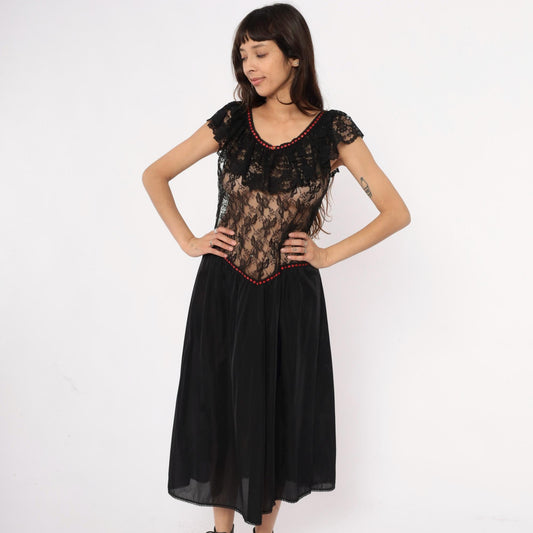 80s Stroke of Midnight Black Lace Nightgown Red Beaded Trim Maxi Large