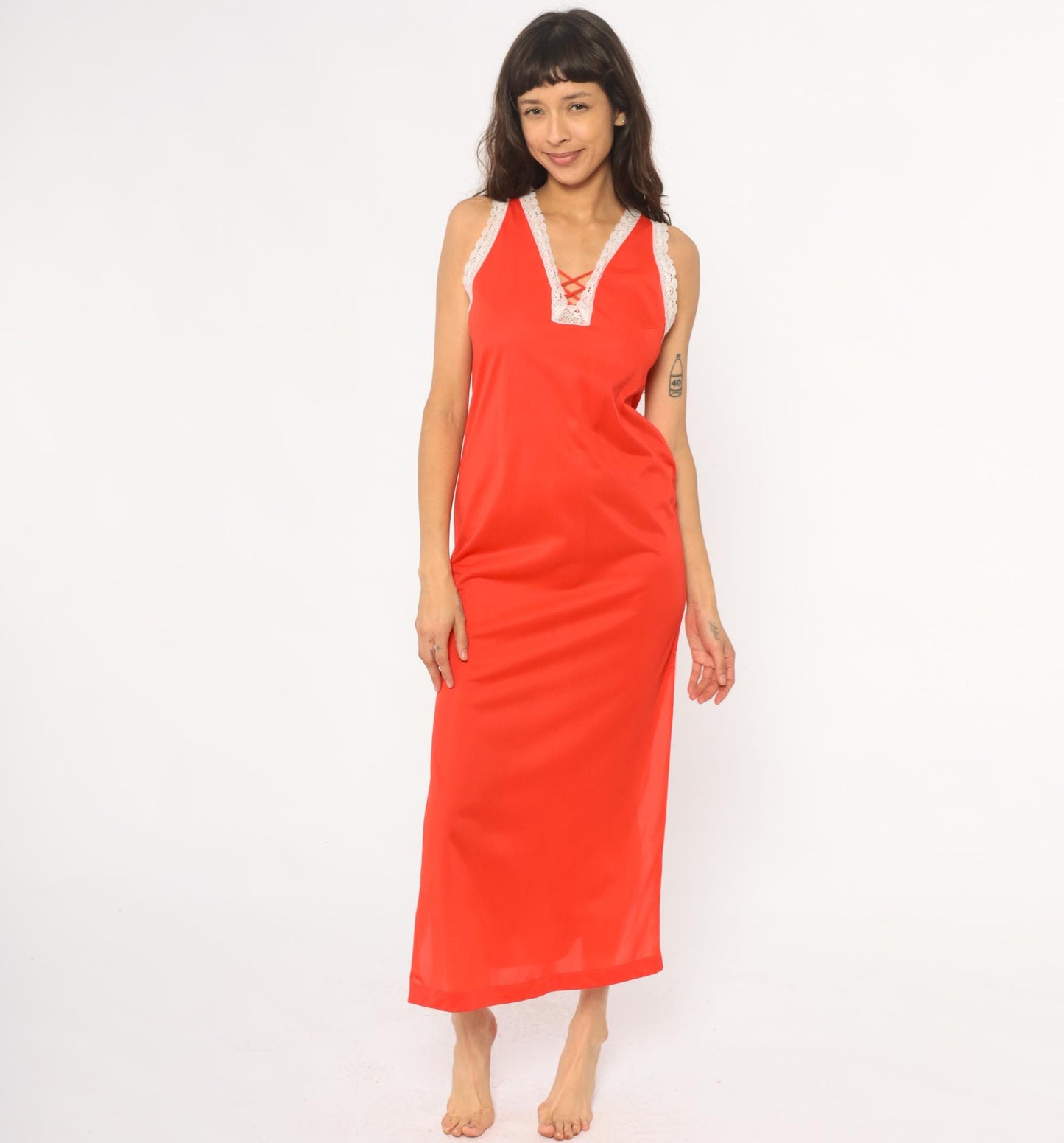 70s Coral Maxi Slip Dress Lace-Up Corset Front White Lace Trim Small