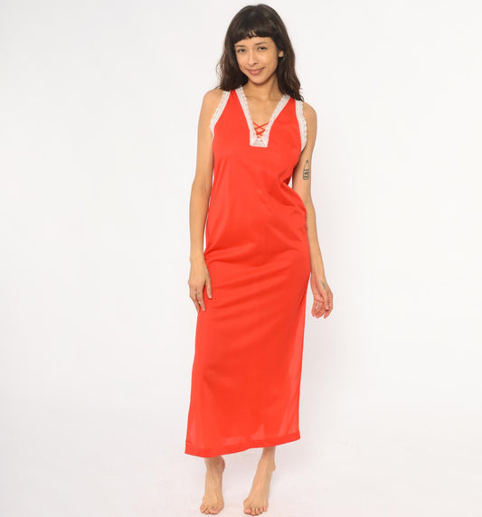 70s Coral Maxi Slip Dress Lace-Up Corset Front White Lace Trim Small