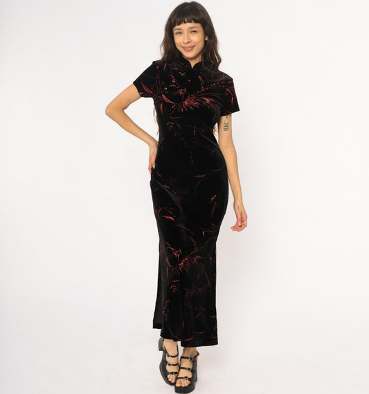 Y2K Black Velvet Maxi Dress Red Floral Cheongsam Mandarin Collar Small S