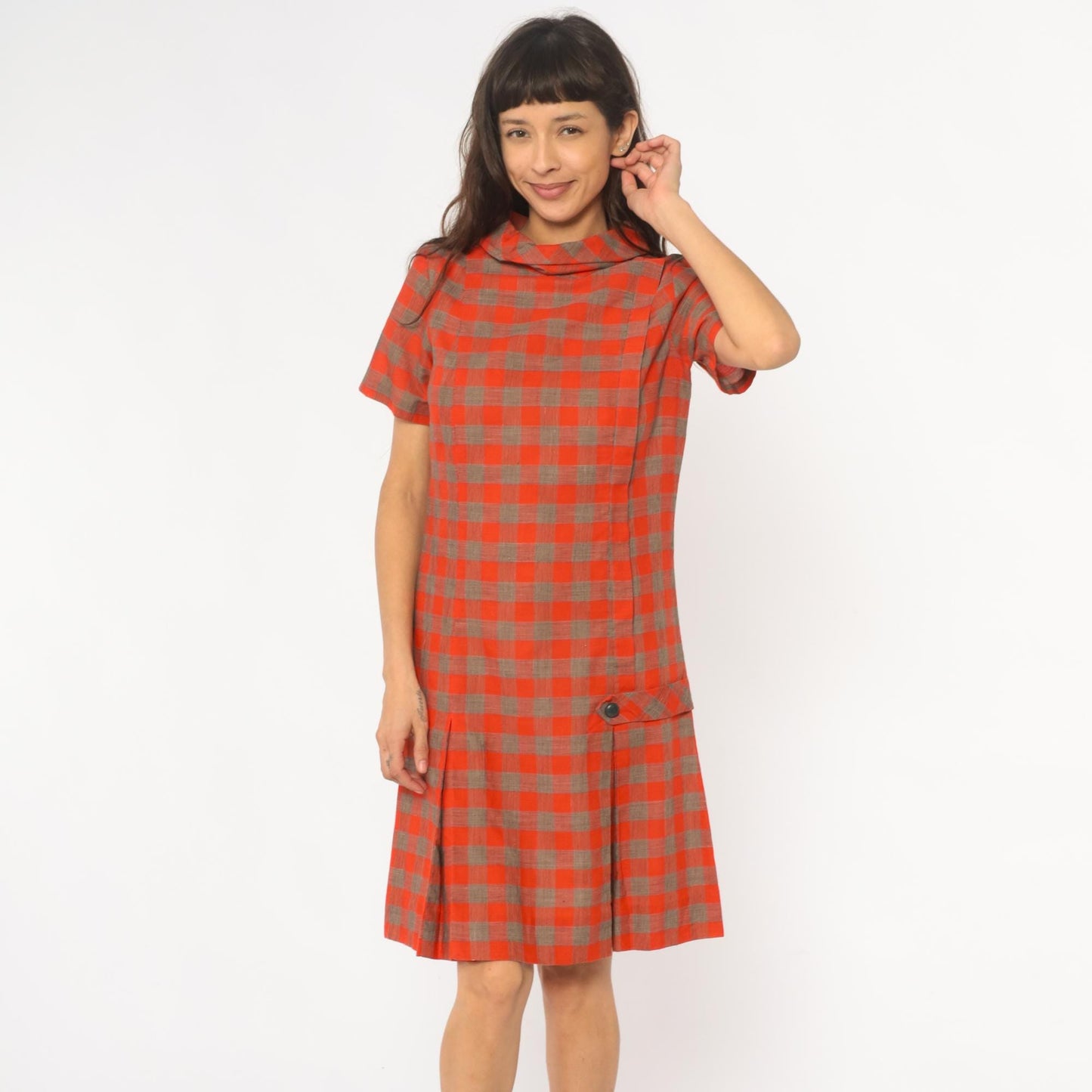 60s Orange Brown Plaid Shift Dress Drop Waist Pointed Collar Small