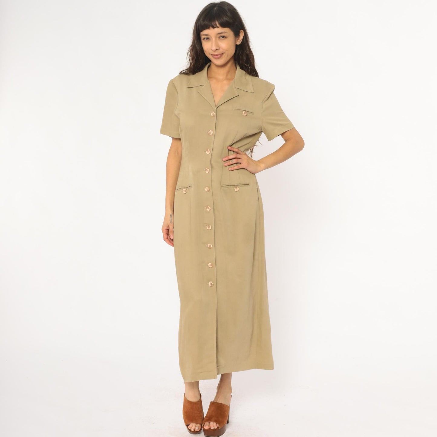 90s Jessica Howard Tan Maxi Shirt Dress Collared Button Front Medium