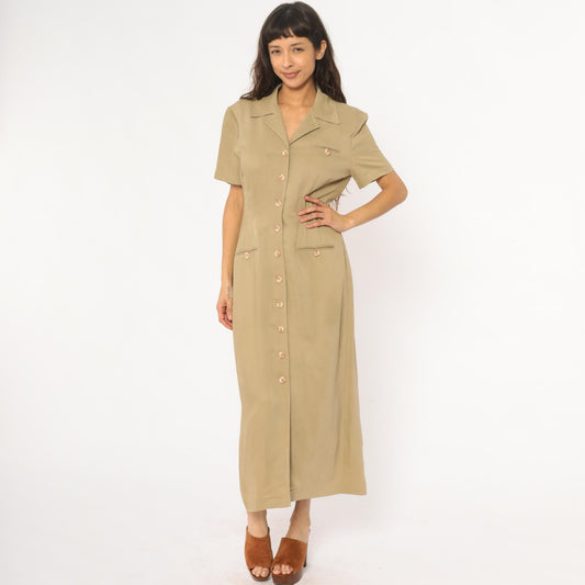 90s Jessica Howard Tan Maxi Shirt Dress Collared Button Front Medium