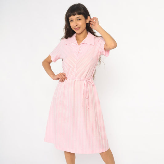 80s Pink Striped Shirt Dress Midi Polo Collar Button Front Medium