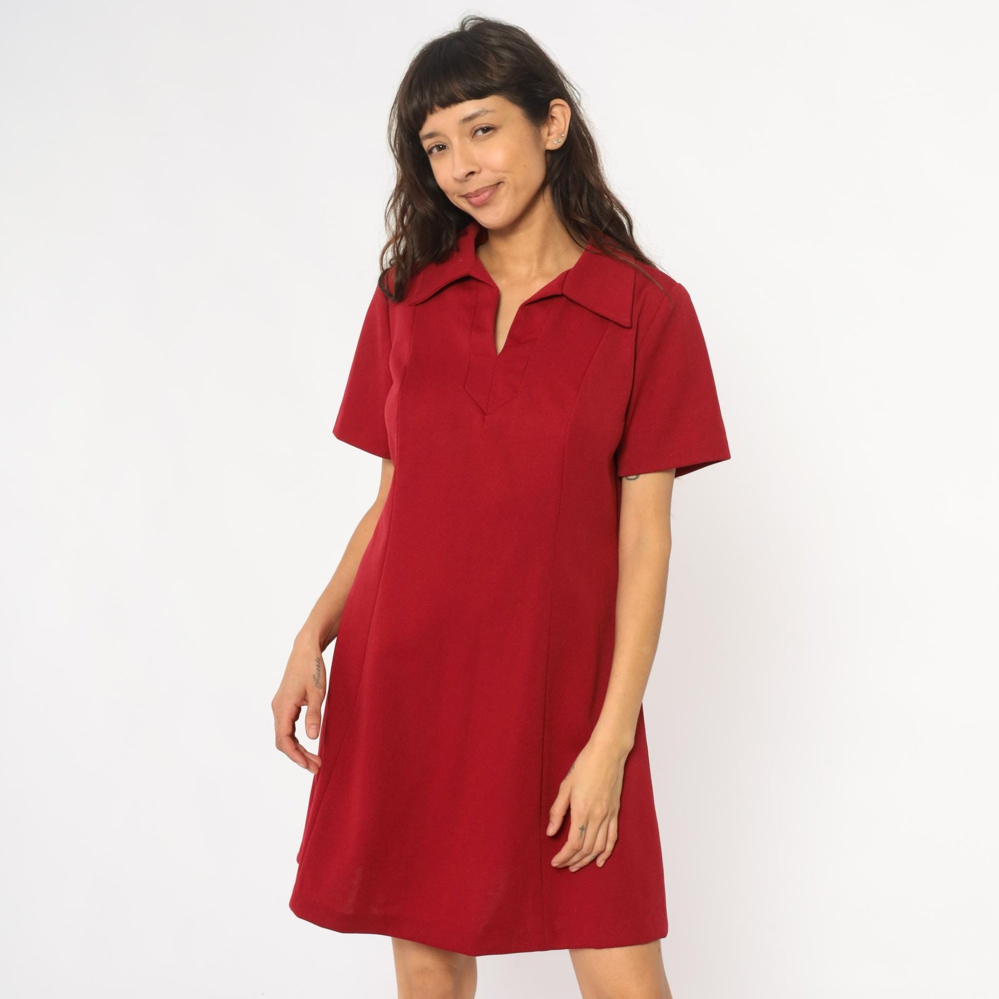 70s Lorac Burgundy Polo Shift Dress Knee-Length Short Sleeve Large L
