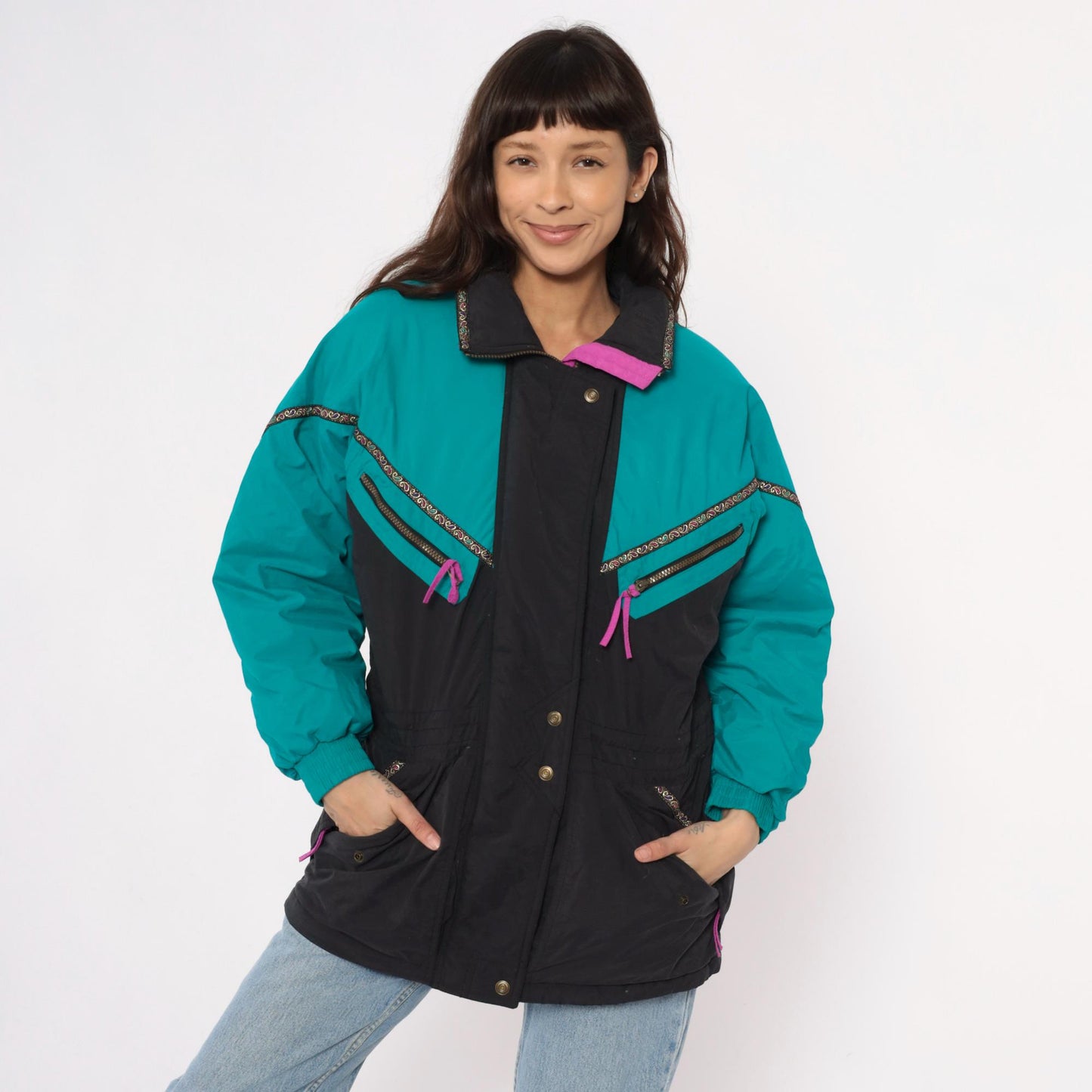 90s Colorblock Ski Jacket Teal Black Puffer Pink Zippers Small S