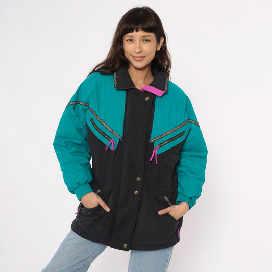 90s Colorblock Ski Jacket Teal Black Puffer Pink Zippers Small S