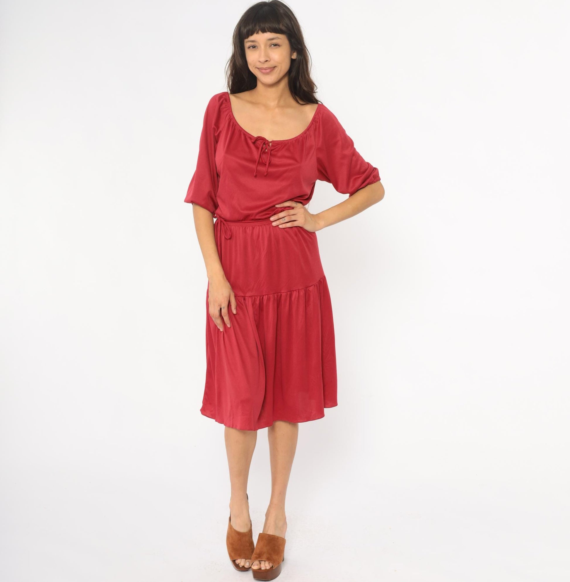 70s Cranberry Red Midi Dress Prairie Peasant Tiered Ruffle Drawstring Small Medium