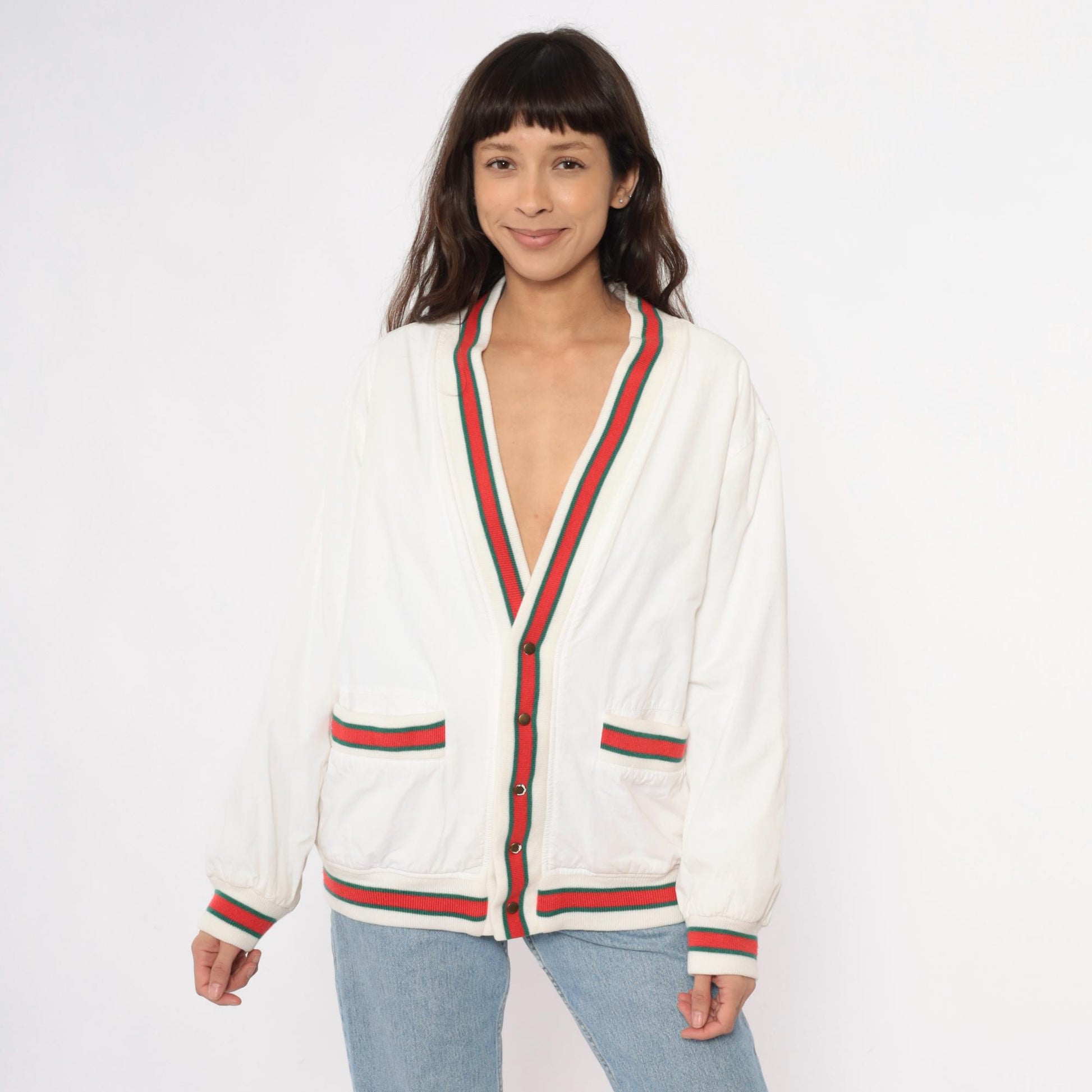 80s Cream Cardigan Red Green Striped Ribbed Trim Cotton Preppy Medium