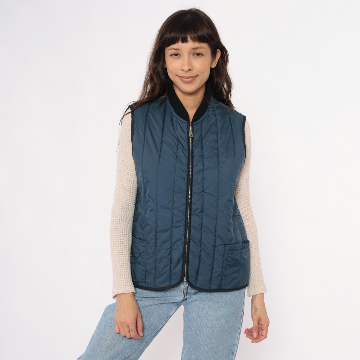 80s Sears Navy Quilted Vest Zip Front Puffer Sleeveless Medium
