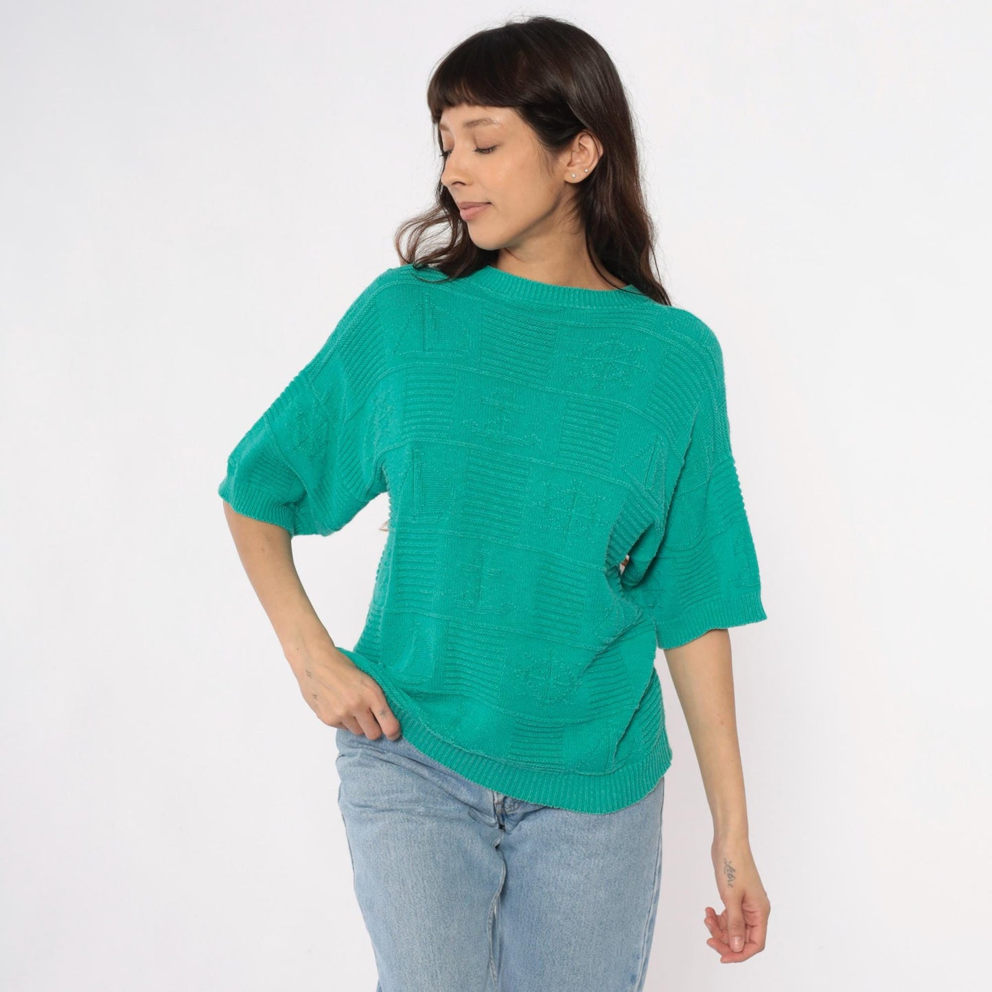 80s Turquoise Knit Sweater Short Sleeve Crew Neck Geometric Pattern Large L