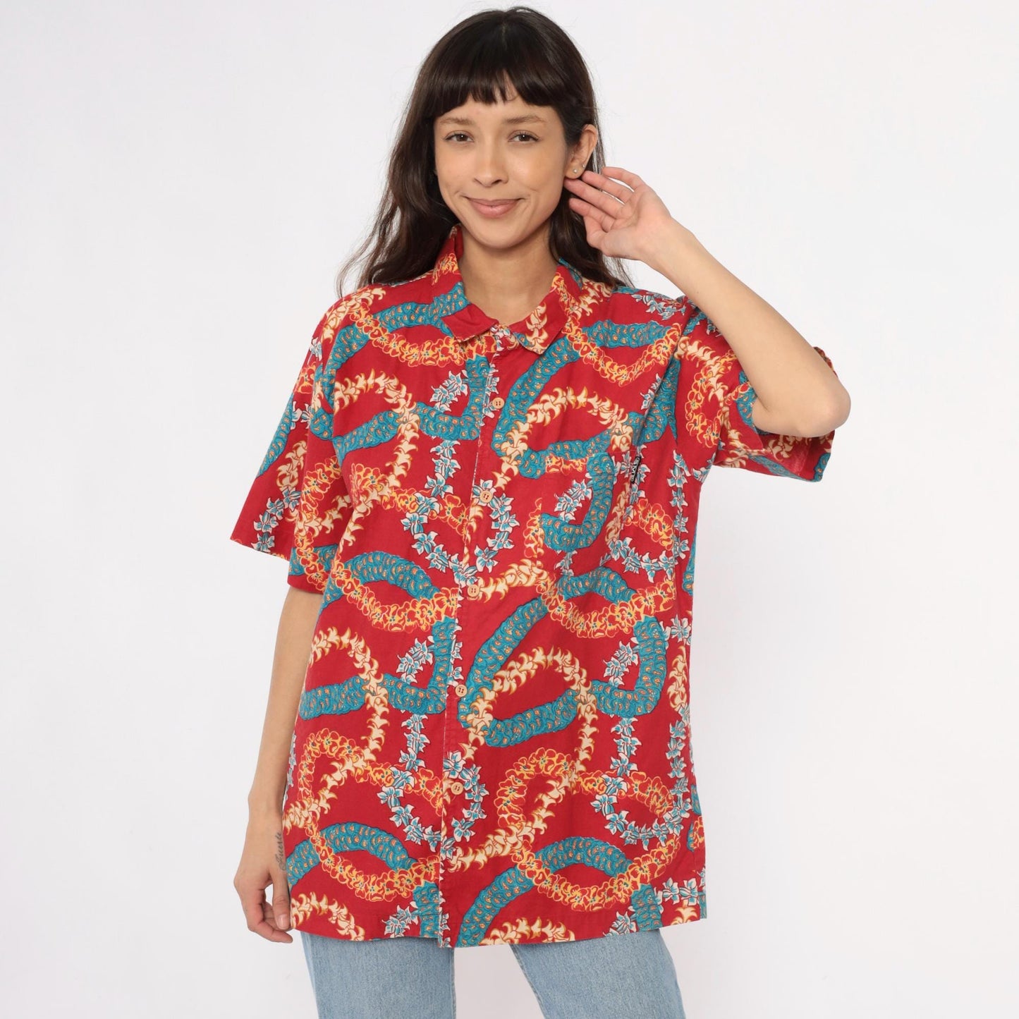 90s Hawaiian Shirt Red Lei Print Camp Collar Cotton Mens Extra Large XL