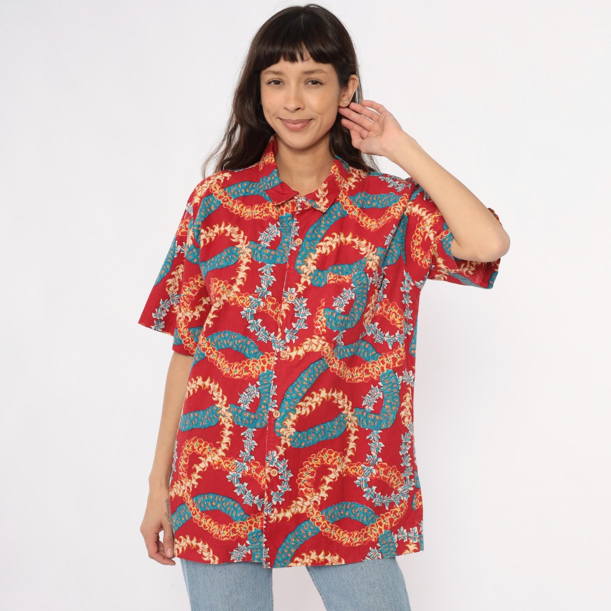 90s Hawaiian Shirt Red Lei Print Camp Collar Cotton Mens Extra Large XL