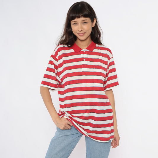 80s Striped Polo Shirt Red Cream Blue Horizontal Stripes Short Sleeve Extra Large XL