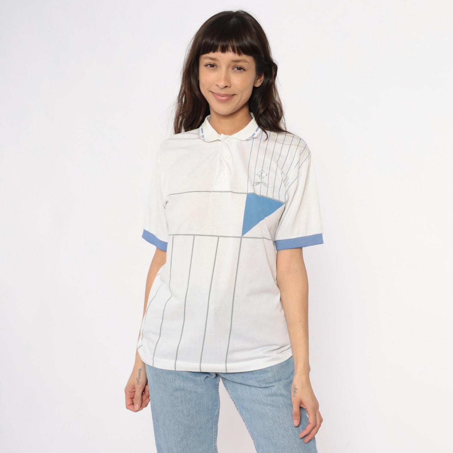 80s Jimmy Connors Slazenger Tennis Polo White Blue Stripe Geometric Medium