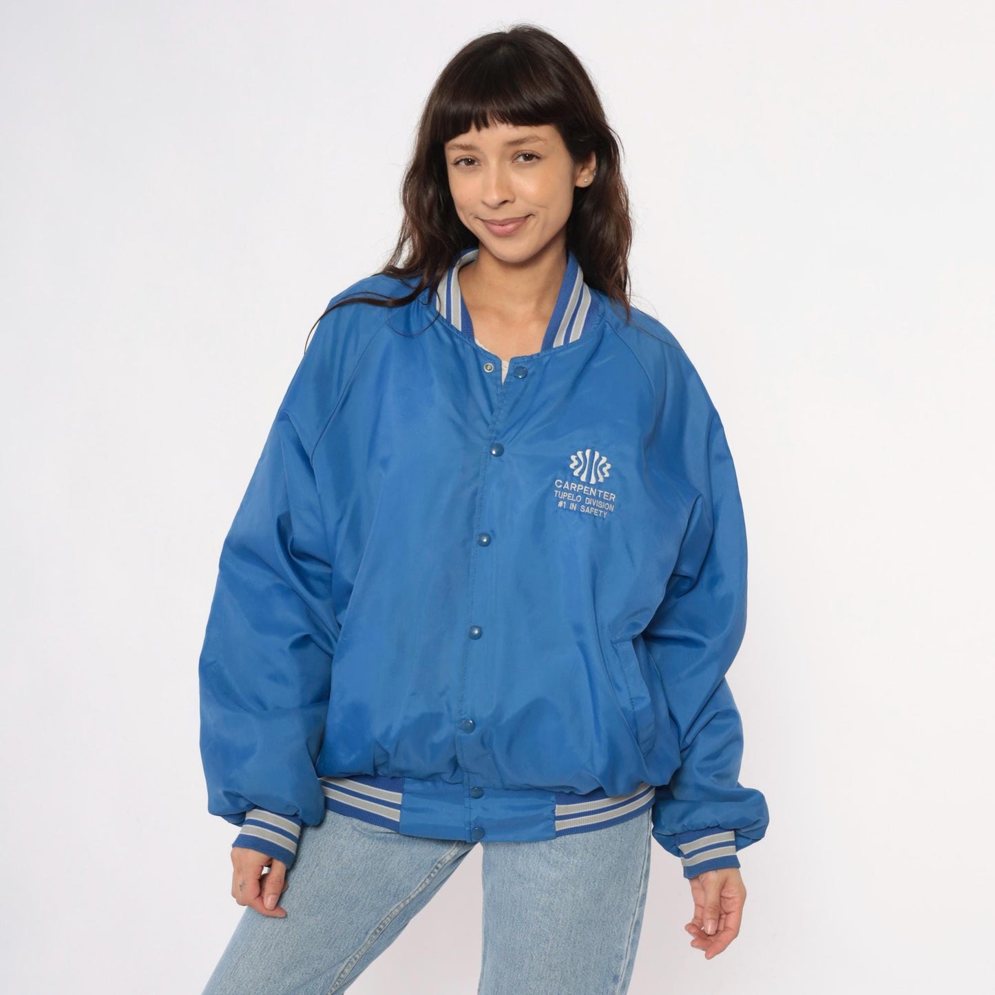 80s Blue Bomber Jacket Carpenter Tupelo Division Snap Button Raglan Medium