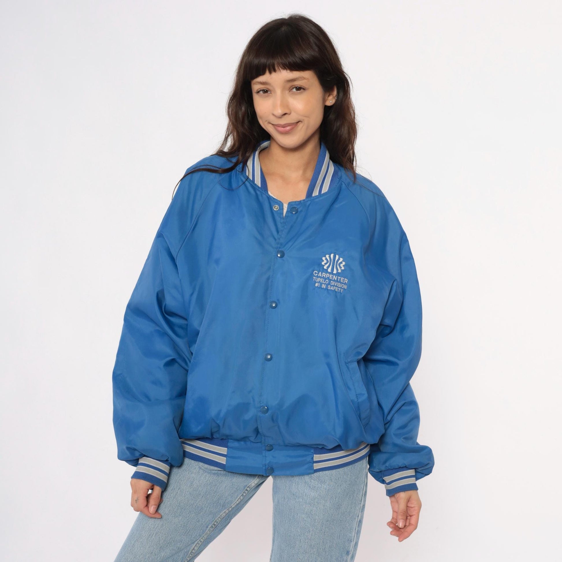 80s Blue Bomber Jacket Carpenter Tupelo Division Snap Button Raglan Medium