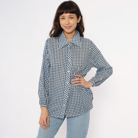 80s Lane Bryant Navy Gingham Check Button-Up Blouse Peter Pan Collar Plus Size XXL