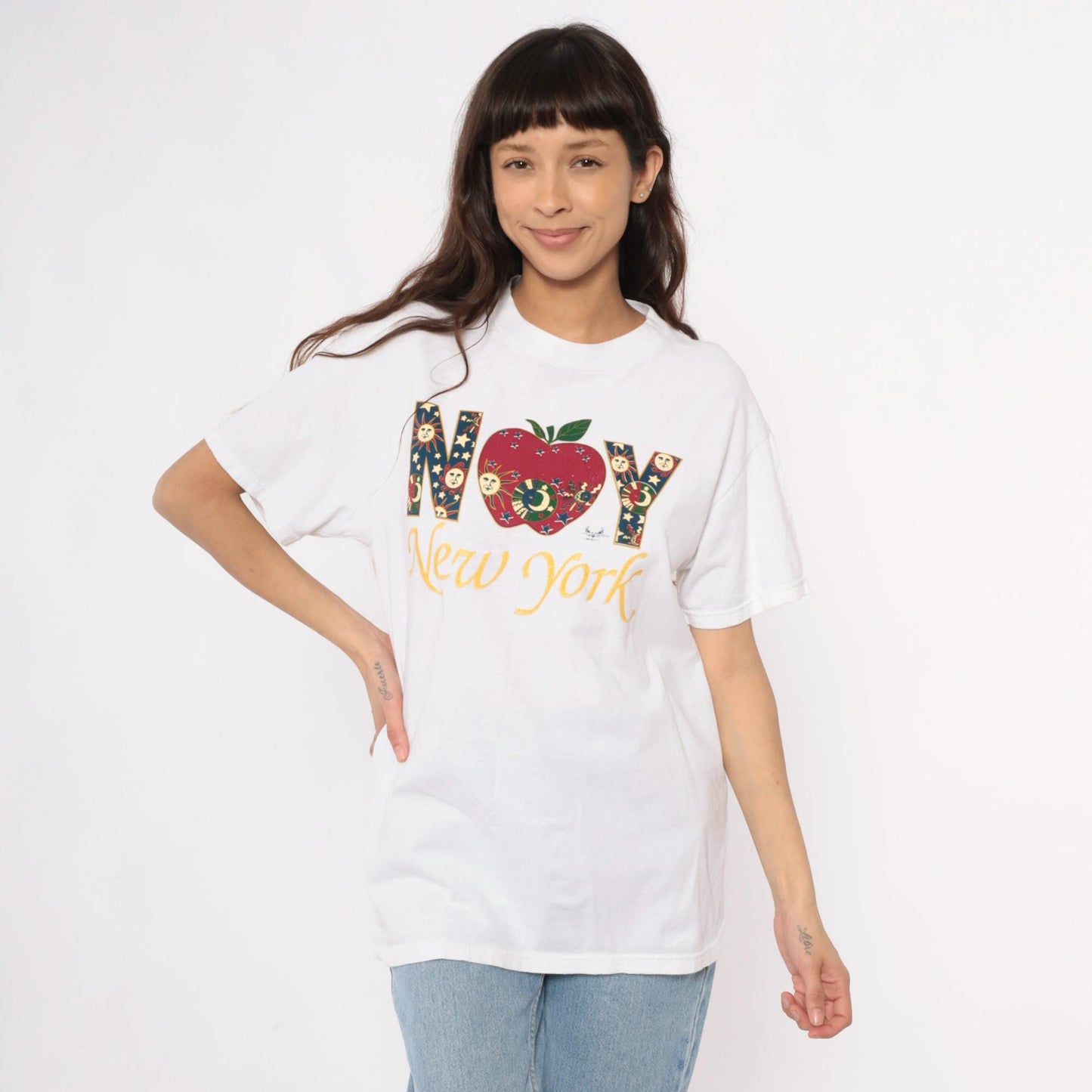 90s New York Celestial Graphic T-Shirt White Cotton Medium M
