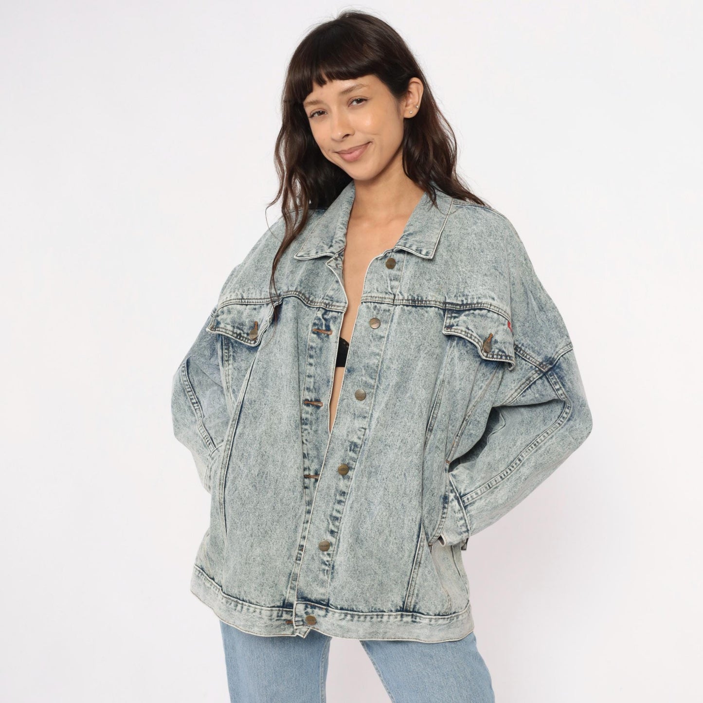 90s Bacini Acid Wash Denim Jacket Light Blue Button Front Small