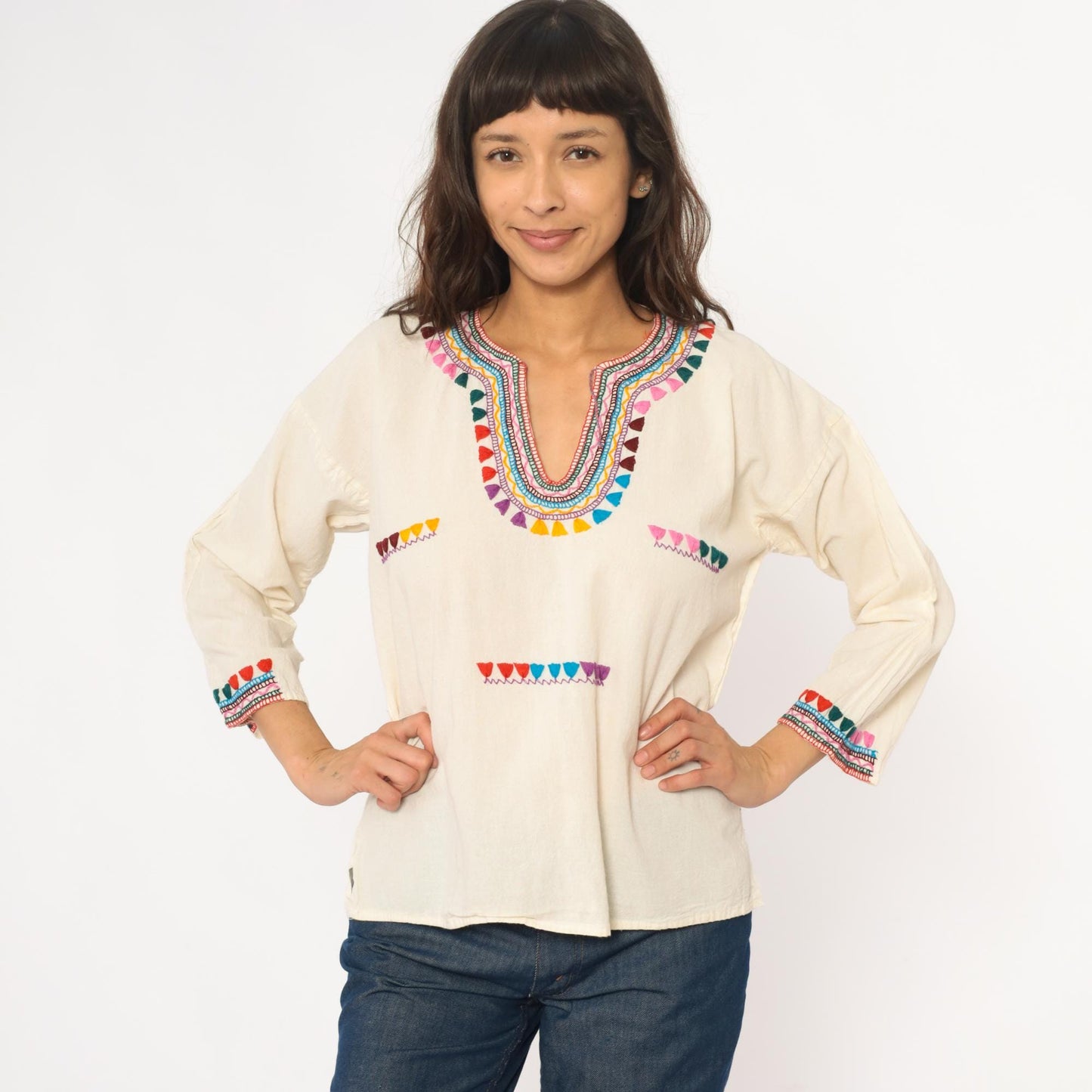 70s Embroidered Mexican Cotton Tunic Blouse Cream Multicolor Medium M