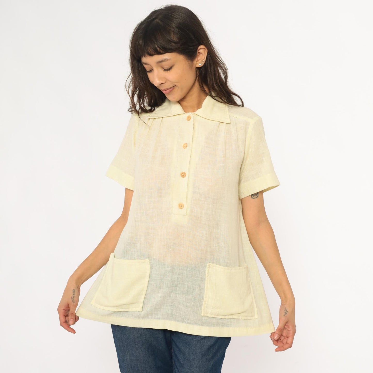 70s Pale Yellow Collared Shirt Pintuck Pleated Camp Blouse Medium M