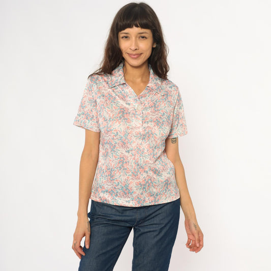 70s Floral Collared Blouse Cream Pink Turquoise Burgundy Short Sleeve Medium M