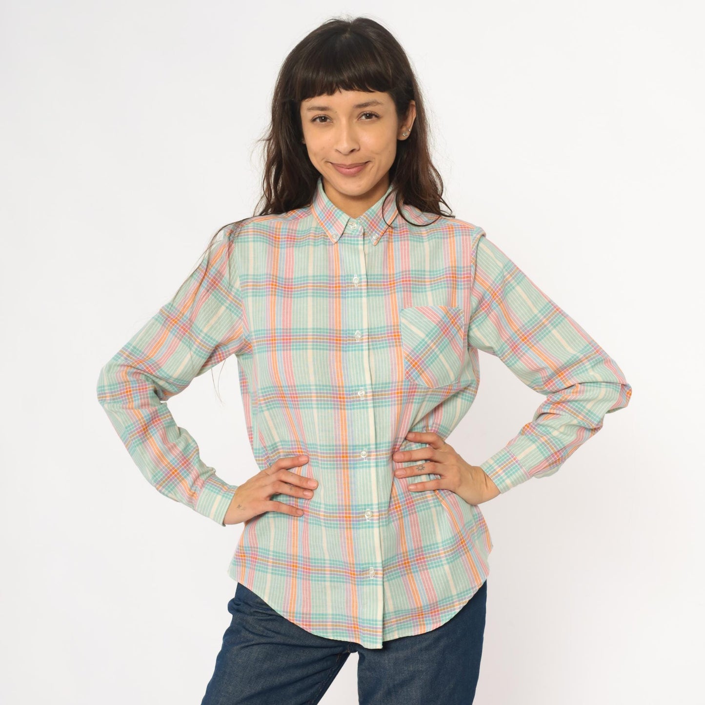 90s Pastel Plaid Button-Down Shirt Long Sleeve Collared Medium M