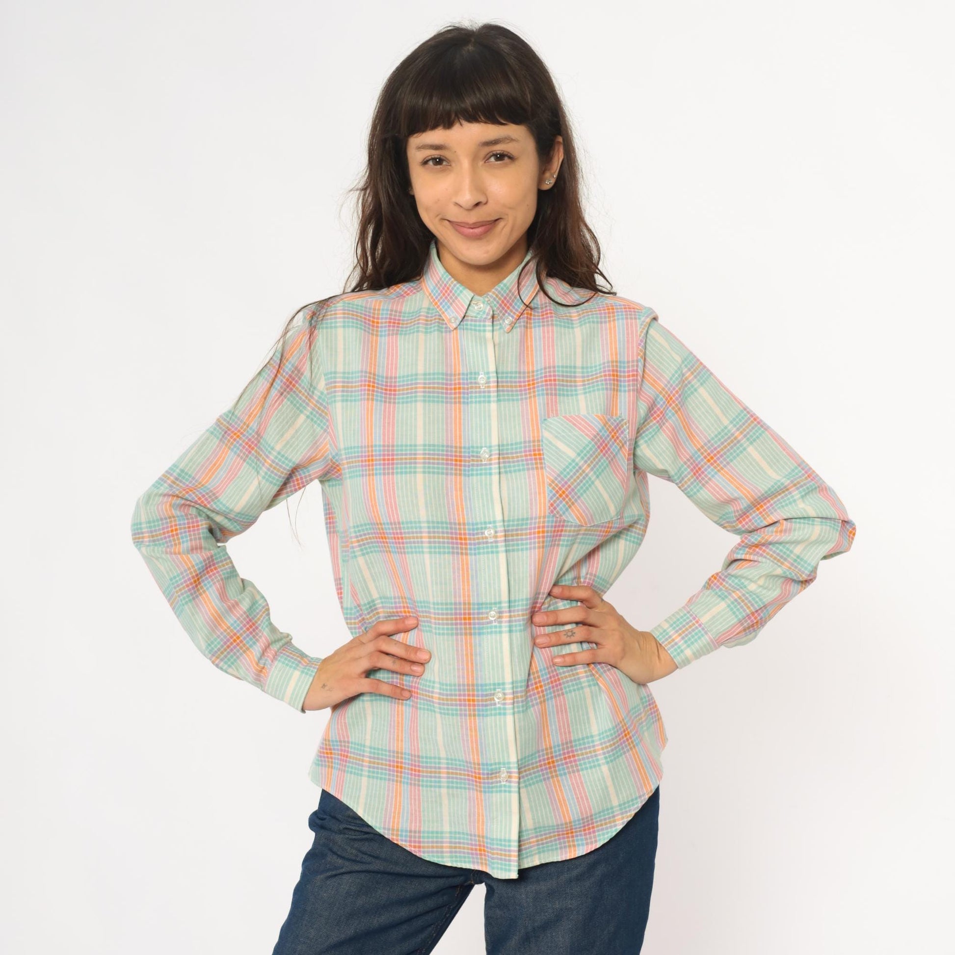 90s Pastel Plaid Button-Down Shirt Long Sleeve Collared Medium M