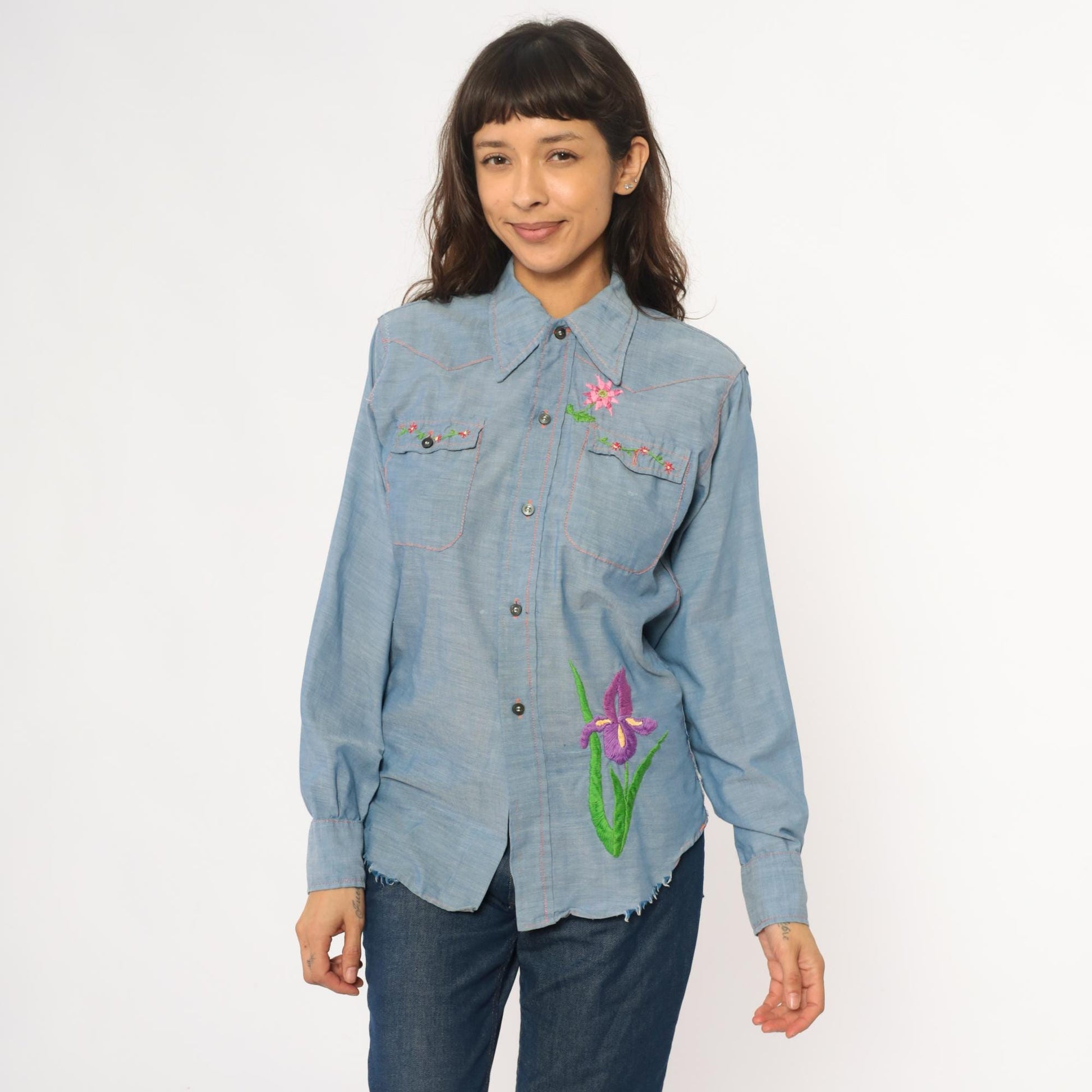 70s Chambray Western Shirt Floral Embroidered Iris Purple Pink Blue Medium