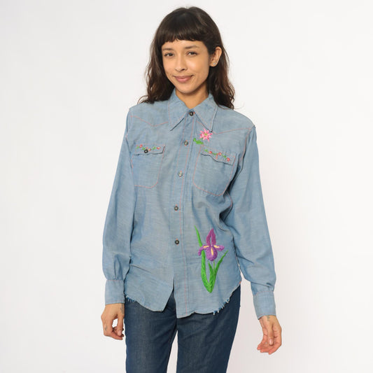 70s Chambray Western Shirt Floral Embroidered Iris Purple Pink Blue Medium