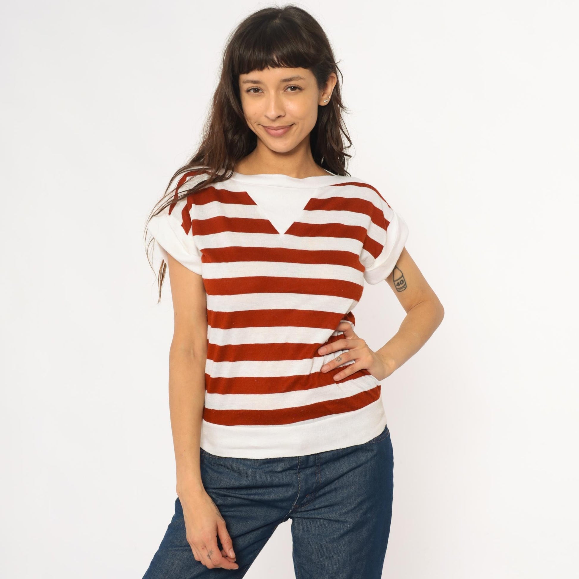80s Rust & White Striped Boat Neck Tee Cotton Short Sleeve Small
