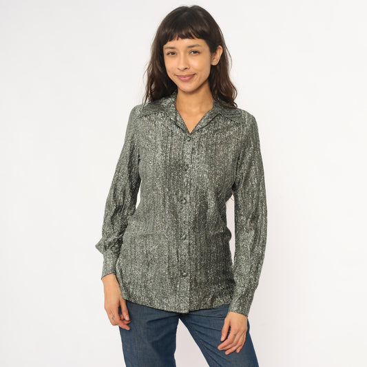 80s Ruth Walter Metallic Silver Blouse Pointed Collar Long Sleeve Small