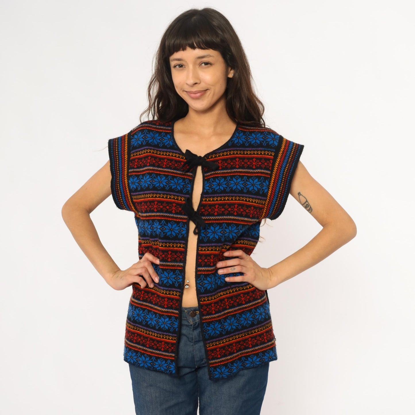 70s Southwestern Fair Isle Vest Tie Front Snowflake Knit Small