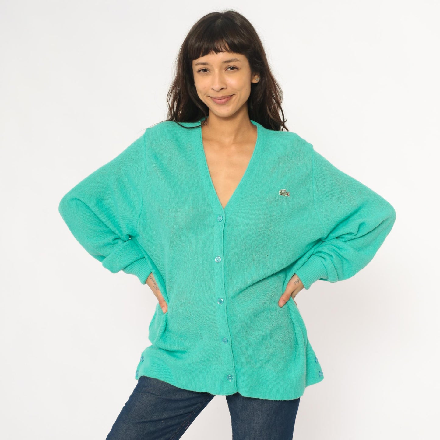 80s Lacoste Izod Turquoise Cardigan Crocodile Logo V-Neck Knit Medium