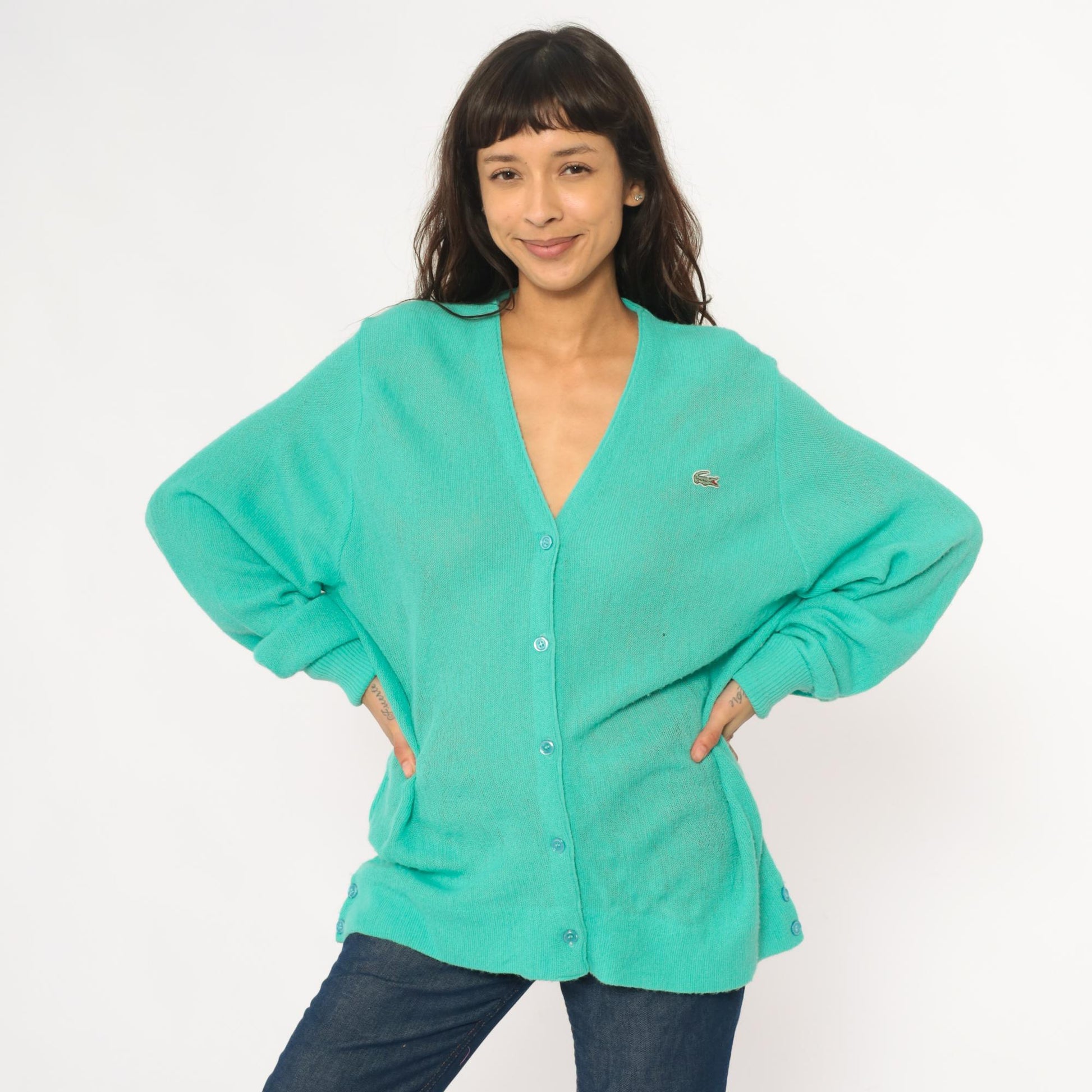 80s Lacoste Izod Turquoise Cardigan Crocodile Logo V-Neck Knit Medium