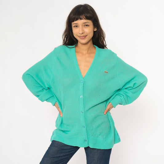 80s Lacoste Izod Turquoise Cardigan Crocodile Logo V-Neck Knit Medium