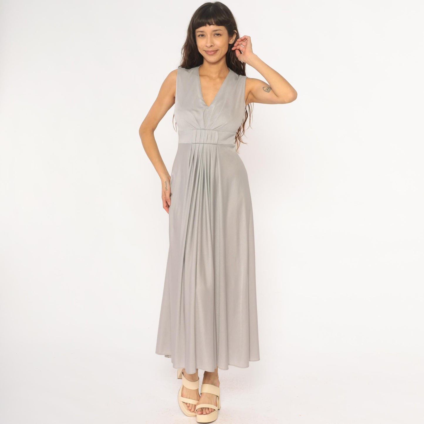70s Silver Maxi Dress V-Neck Empire Waist Sleeveless Evening Gown Small