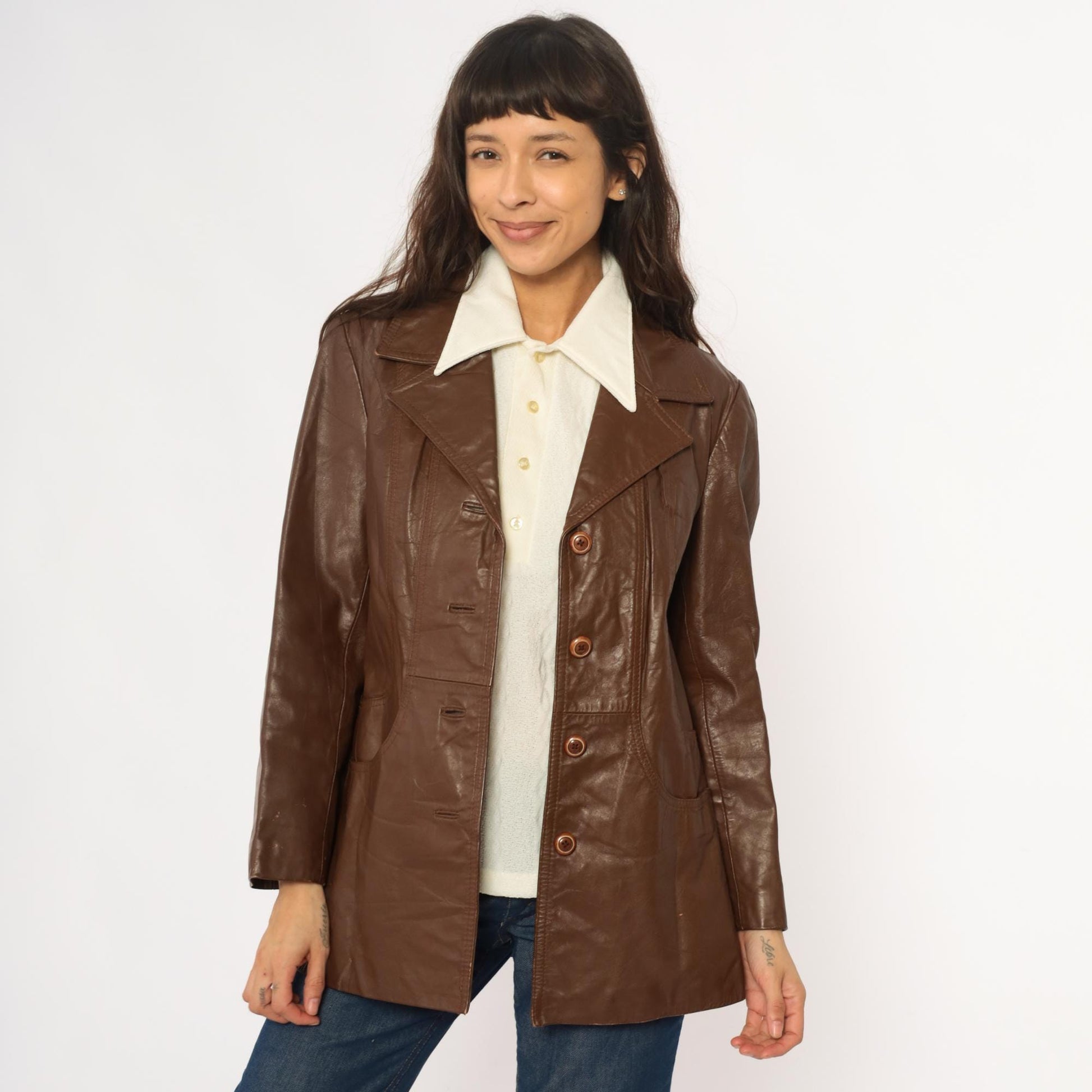 70s Brown Leather Jacket Notched Collar Braided Belt Detail Medium