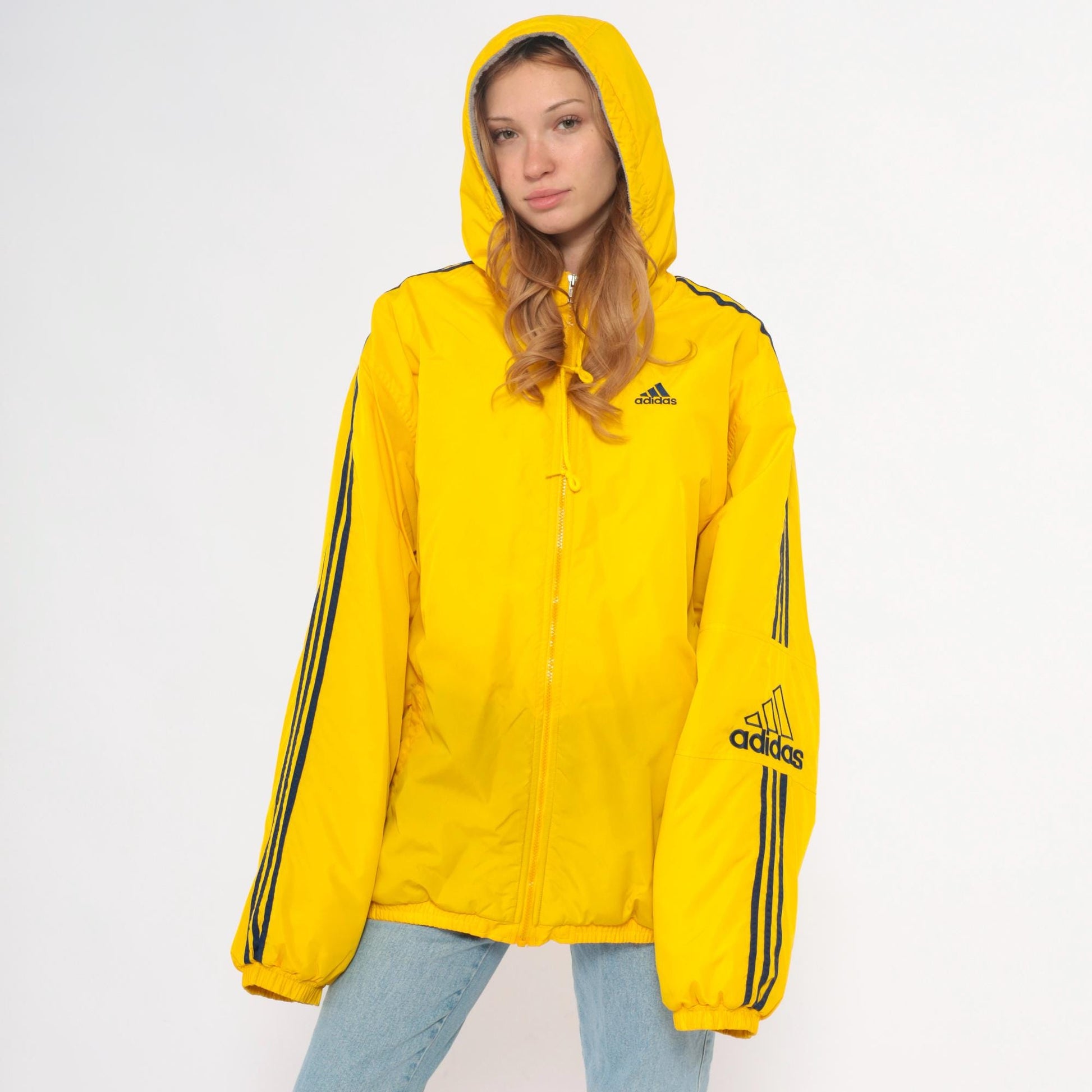 Y2K Adidas Yellow Windbreaker Hooded Jacket Navy Stripe Large L