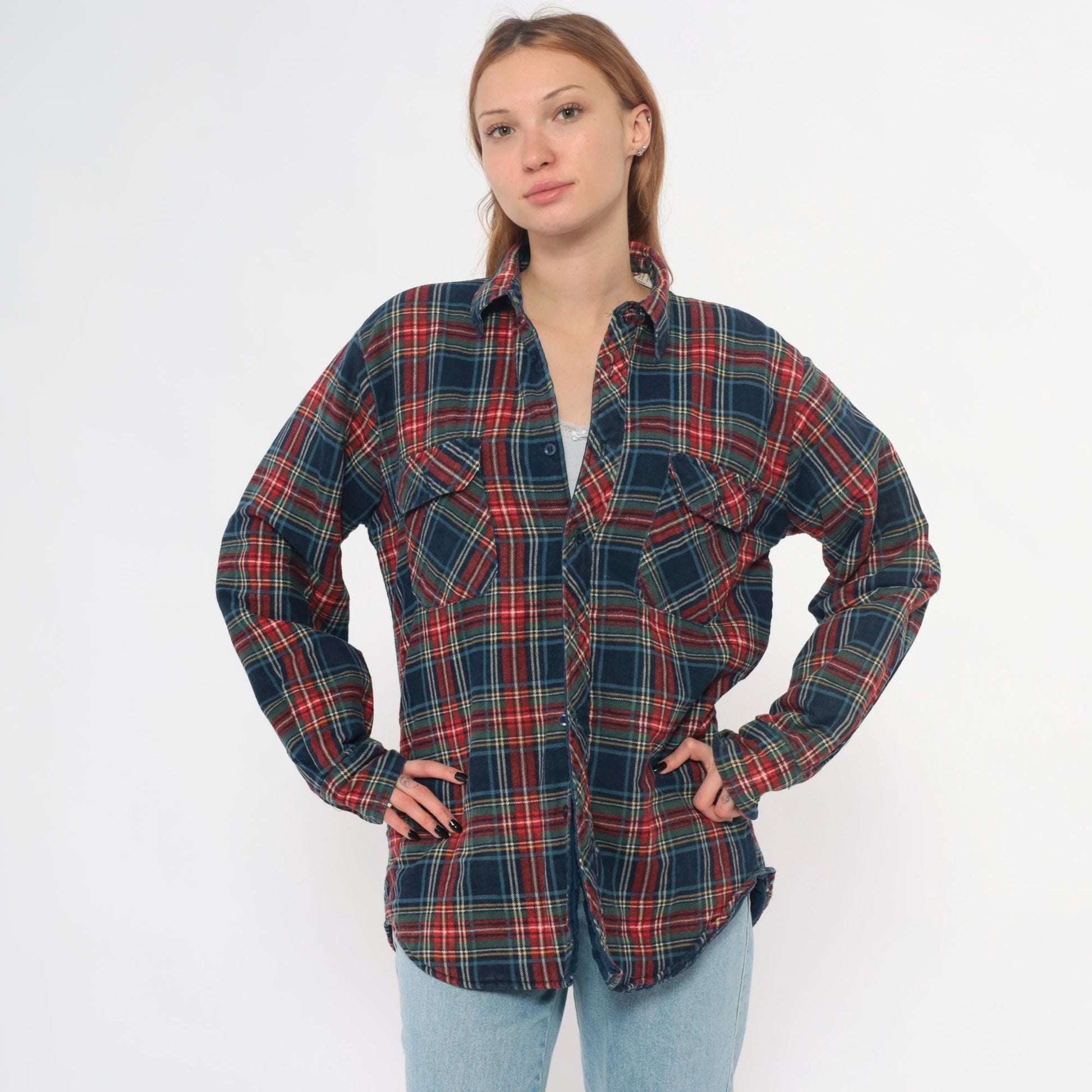 80s Timber Run Plaid Flannel Shirt Navy Red Green Tartan Quilted Medium