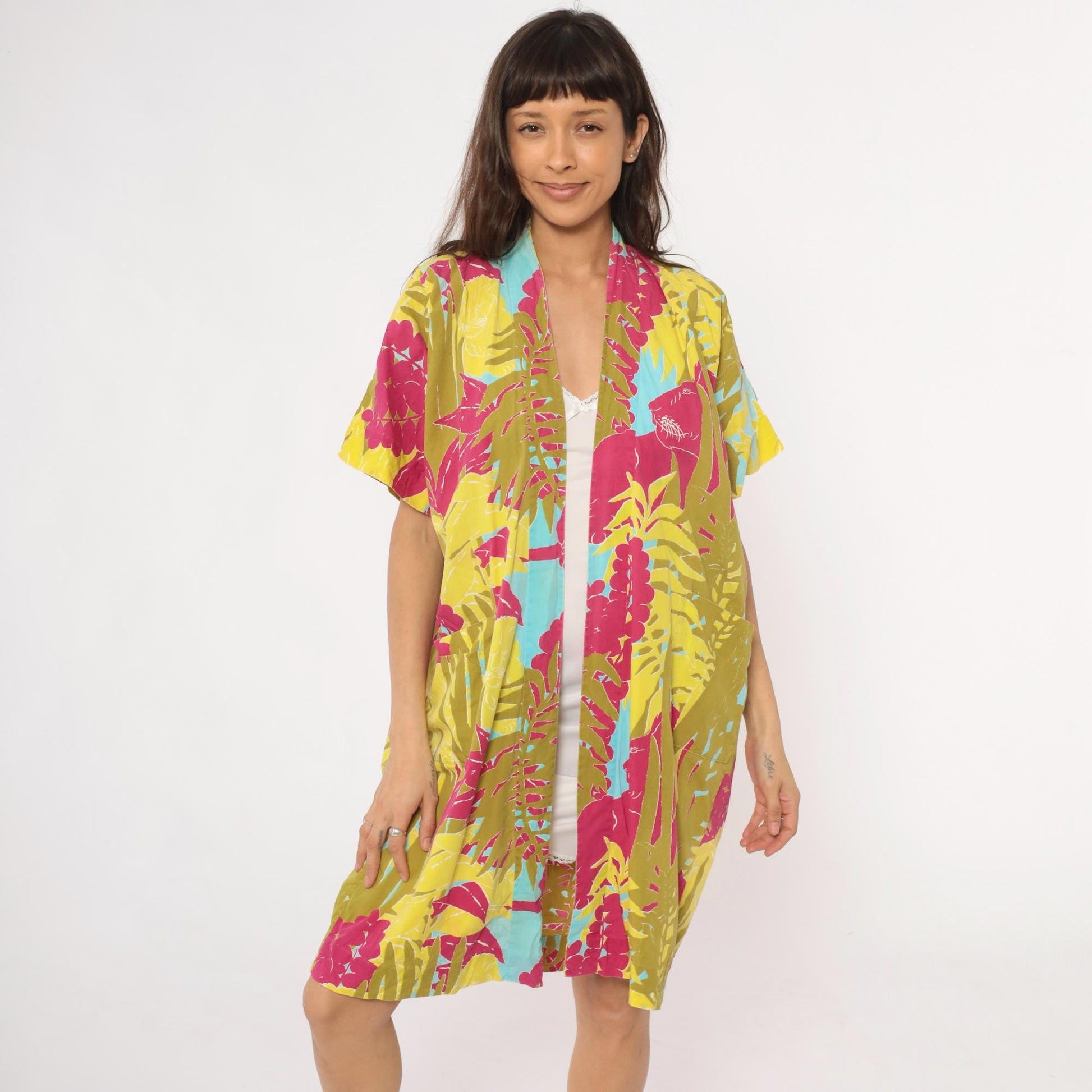 80s Lion Jungle Tropical Kimono Robe Knee Length Cotton Small Medium
